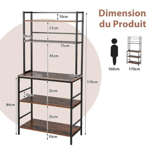 Étagère Desserte de Cuisine 5 Niveaux Support pour Four à Micro-Ondes avec Pieds Antidérapants Réglables Style Industriel Marron