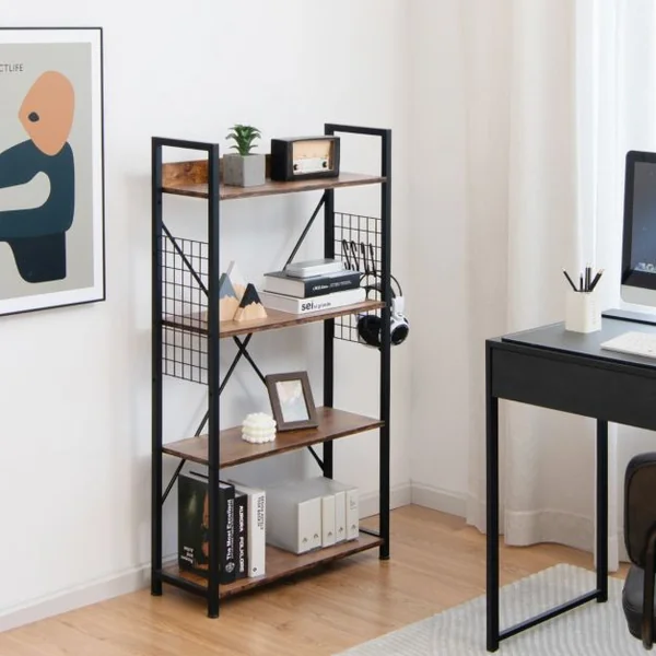 Étagère Industrielle à 4 Niveaux Bibliothèque Multifonctionnelle avec Patins et Étagère Réglables pour Salon Bureau 64 x 24 x 110 cm Café