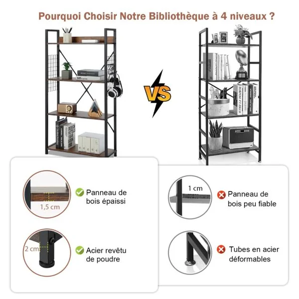 Étagère Industrielle à 4 Niveaux Bibliothèque Multifonctionnelle avec Patins et Étagère Réglables pour Salon Bureau 64 x 24 x 110 cm Café