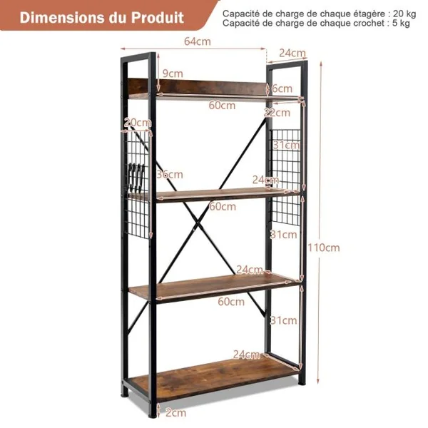 Étagère Industrielle à 4 Niveaux Bibliothèque Multifonctionnelle avec Patins et Étagère Réglables pour Salon Bureau 64 x 24 x 110 cm Café