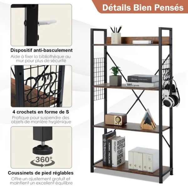 Étagère Industrielle à 4 Niveaux Bibliothèque Multifonctionnelle avec Patins et Étagère Réglables pour Salon Bureau Café