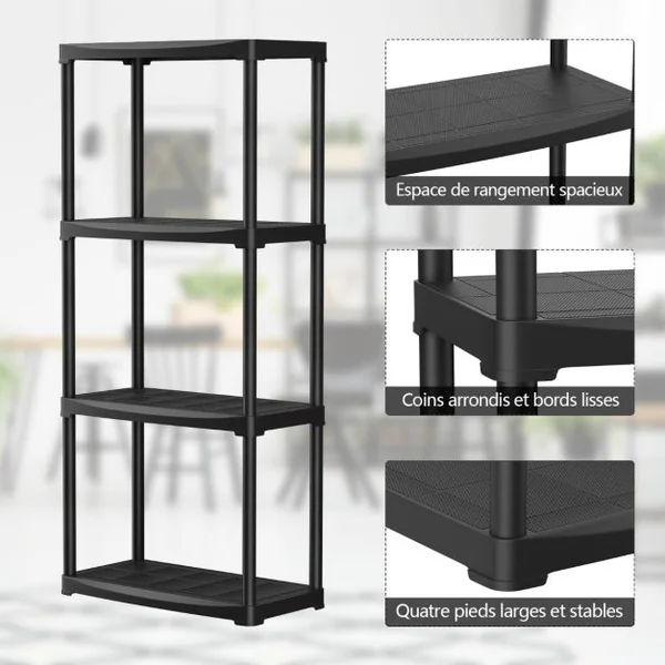 Étagère Meuble de Rangement 4 Niveaux en Plastique 60x30x133 CM pour Garage Salles de Bains Cuisines Conception Détachable Noir