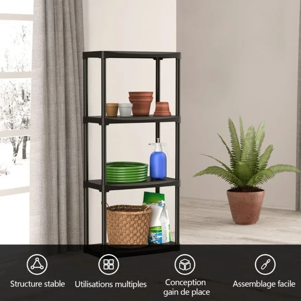 Étagère Meuble de Rangement 4 Niveaux en Plastique 60x30x133 CM pour Garage Salles de Bains Cuisines Conception Détachable Noir