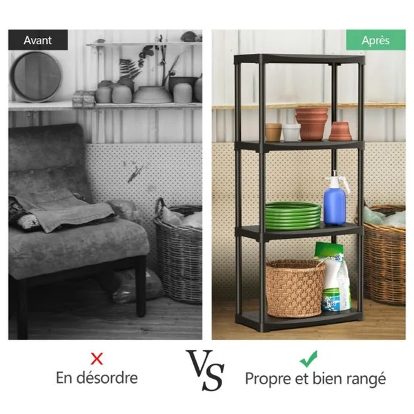 Étagère Meuble de Rangement 4 Niveaux en Plastique 60x30x133 CM pour Garage Salles de Bains Cuisines Conception Détachable Noir