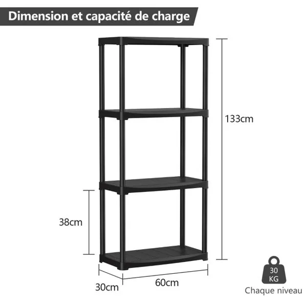 Étagère Meuble de Rangement 4 Niveaux en Plastique 60x30x133 CM pour Garage Salles de Bains Cuisines Conception Détachable Noir
