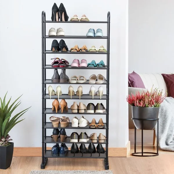 Étagère Meuble à Chaussures 10 Niveaux pour 50 Paires avec Étagère Amovible et Cadre en Métal pour Salon Couloir Vestiaire
