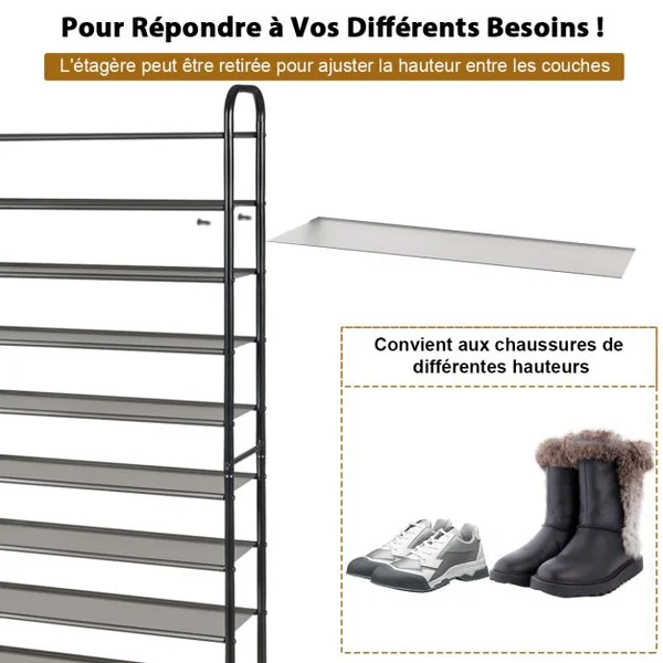 Étagère Meuble à Chaussures 10 Niveaux pour 50 Paires avec Étagère Amovible et Cadre en Métal pour Salon Couloir Vestiaire