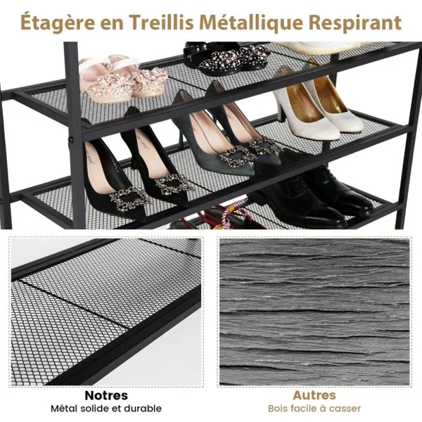 Étagère Meuble à Chaussures en Métal avec Patins Antidérapants Réglables Table Console à 5 Niveaux avec Étagères Amovibles