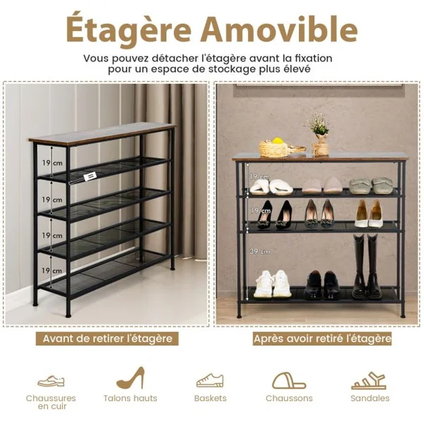 Étagère Meuble à Chaussures en Métal avec Patins Antidérapants Réglables Table Console à 5 Niveaux avec Étagères Amovibles
