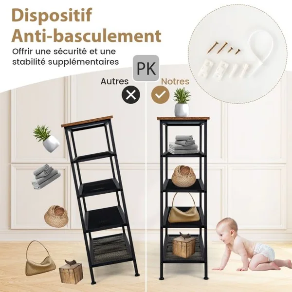 Étagère Meuble à Chaussures en Métal avec Patins Antidérapants Réglables Table Console à 5 Niveaux avec Étagères Amovibles