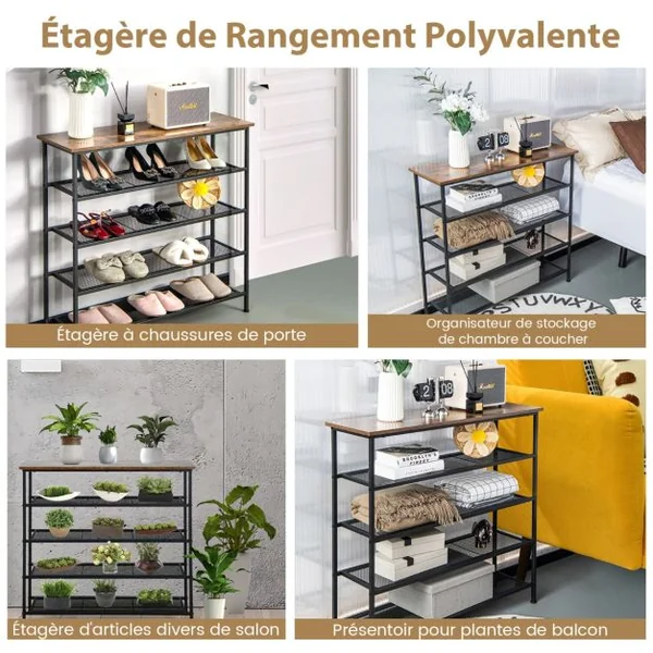 Étagère Meuble à Chaussures en Métal avec Patins Antidérapants Réglables Table Console à 5 Niveaux avec Étagères Amovibles