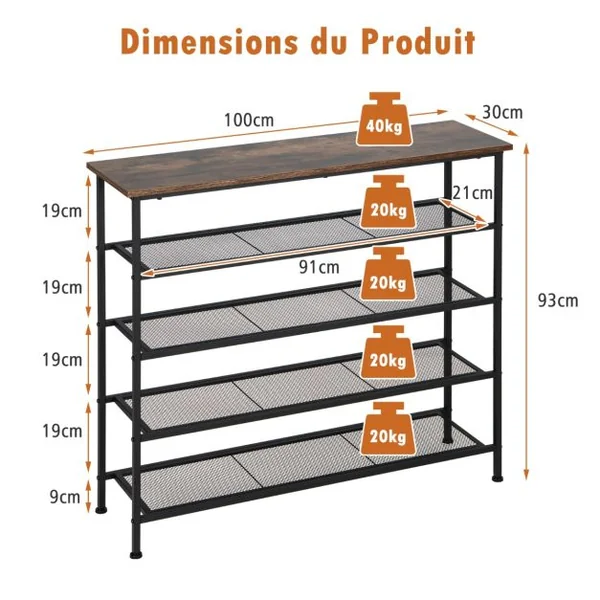 Étagère Meuble à Chaussures en Métal avec Patins Antidérapants Réglables Table Console à 5 Niveaux avec Étagères Amovibles