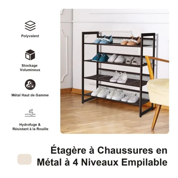 Étagère Meuble à Chaussures en Métal à 4 Niveaux avec 2 Modes de Placement Porte-Chaussures pour Salon Entrée et Vestiaire