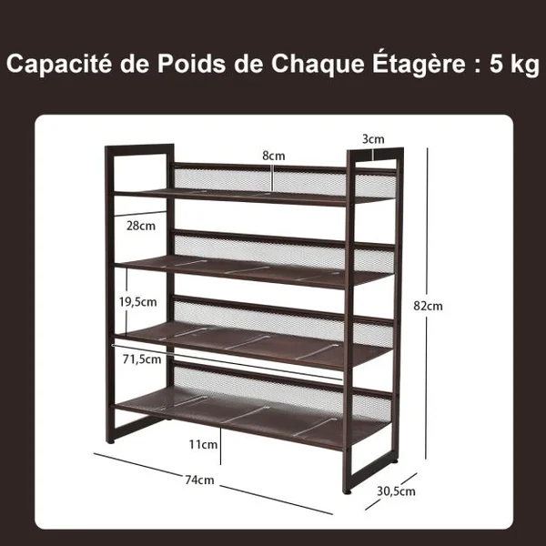 Étagère Meuble à Chaussures en Métal à 4 Niveaux avec 2 Modes de Placement Porte-Chaussures pour Salon Entrée et Vestiaire