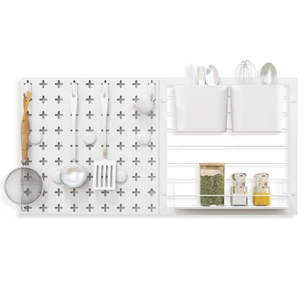 Étagère Murale 2 Panneaux Perforés Support de Rangement 2 Boîtes de Rangement 5 Aimants 4 Crochets Combinaison libre