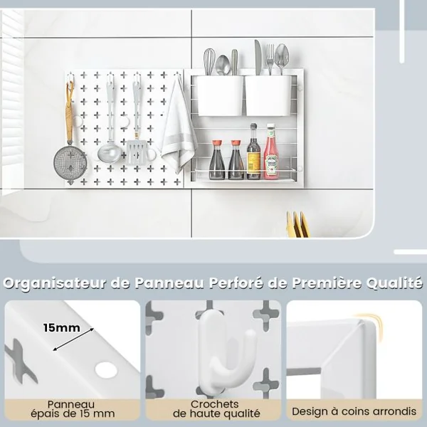 Étagère Murale 2 Panneaux Perforés Support de Rangement 2 Boîtes de Rangement 5 Aimants 4 Crochets Combinaison libre