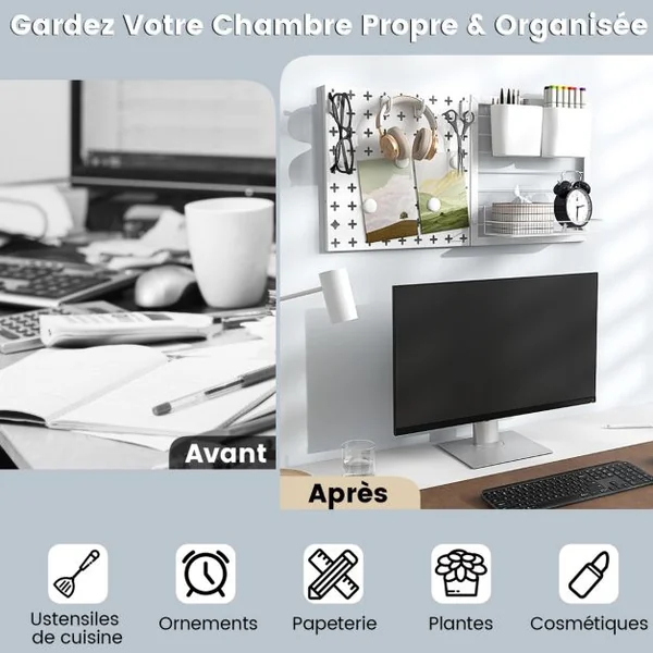 Étagère Murale 2 Panneaux Perforés Support de Rangement 2 Boîtes de Rangement 5 Aimants 4 Crochets Combinaison libre