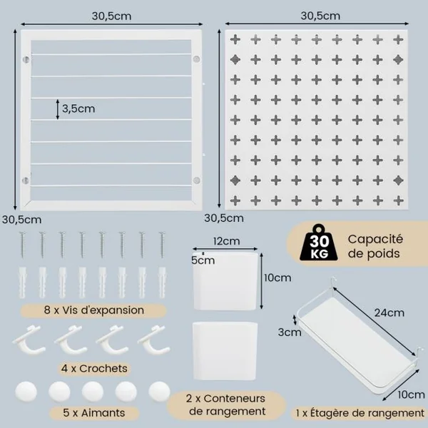 Étagère Murale 2 Panneaux Perforés Support de Rangement 2 Boîtes de Rangement 5 Aimants 4 Crochets Combinaison libre