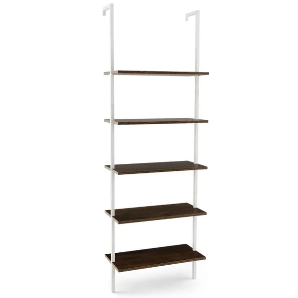 Étagère Murale/Échelle à 5 Niveaux 60x30x180CM Bibliothèque Élégante avec Patins Antidérapants et Structure en Acier Doré Marron