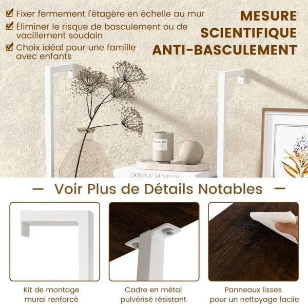 Étagère Murale/Échelle à 5 Niveaux 60x30x180CM Bibliothèque Élégante avec Patins Antidérapants et Structure en Acier Doré Marron