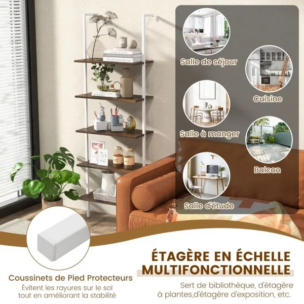 Étagère Murale/Échelle à 5 Niveaux 60x30x180CM Bibliothèque Élégante avec Patins Antidérapants et Structure en Acier Doré Marron