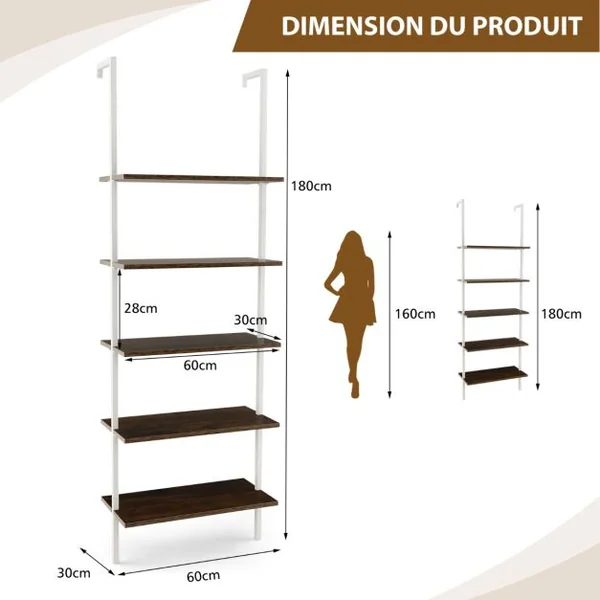Étagère Murale/Échelle à 5 Niveaux 60x30x180CM Bibliothèque Élégante avec Patins Antidérapants et Structure en Acier Doré Marron