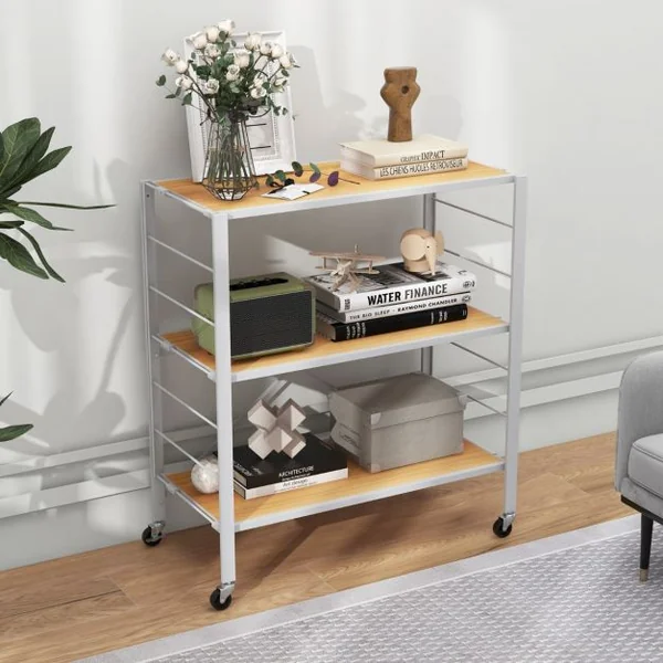 Étagère Pliable à 3 Niveaux Étagères en Métal Robuste Roulettes Amovibles Étagères Réglables en Hauteur Support de Rangement Roulant Naturel