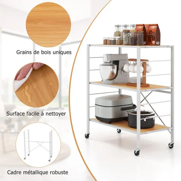 Étagère Pliable à 3 Niveaux Étagères en Métal Robuste Roulettes Amovibles Étagères Réglables en Hauteur Support de Rangement Roulant Naturel