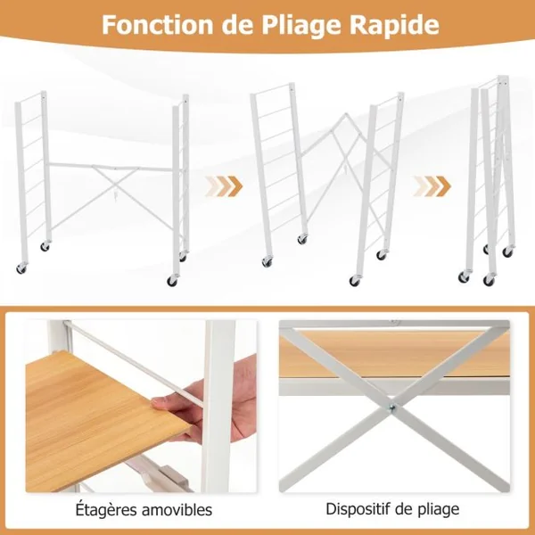 Étagère Pliable à 3 Niveaux Étagères en Métal Robuste Roulettes Amovibles Étagères Réglables en Hauteur Support de Rangement Roulant Naturel