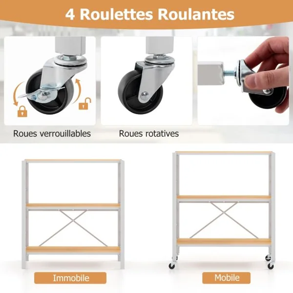 Étagère Pliable à 3 Niveaux Étagères en Métal Robuste Roulettes Amovibles Étagères Réglables en Hauteur Support de Rangement Roulant Naturel