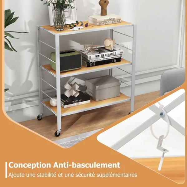 Étagère Pliable à 3 Niveaux Étagères en Métal Robuste Roulettes Amovibles Étagères Réglables en Hauteur Support de Rangement Roulant Naturel