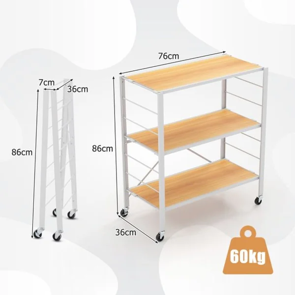 Étagère Pliable à 3 Niveaux Étagères en Métal Robuste Roulettes Amovibles Étagères Réglables en Hauteur Support de Rangement Roulant Naturel