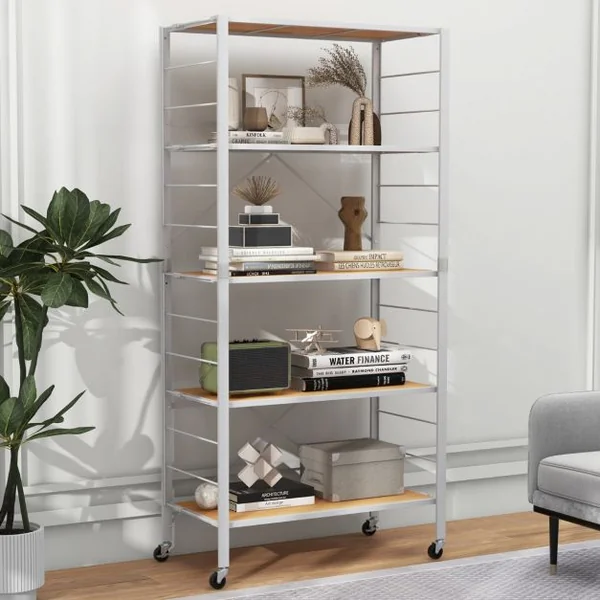 Étagère Pliable à 5 Niveaux Étagères en Métal Robuste Roulettes Amovibles Étagères Réglables en Hauteur Support de Rangement Roulant Naturel