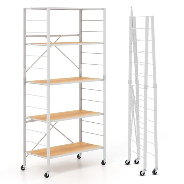 Étagère Pliable à 5 Niveaux Étagères en Métal Robuste Roulettes Amovibles Étagères Réglables en Hauteur Support de Rangement Roulant Naturel