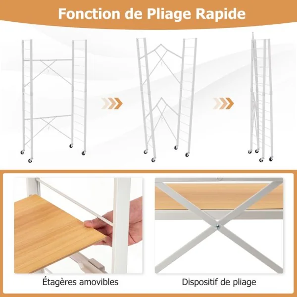Étagère Pliable à 5 Niveaux Étagères en Métal Robuste Roulettes Amovibles Étagères Réglables en Hauteur Support de Rangement Roulant Naturel