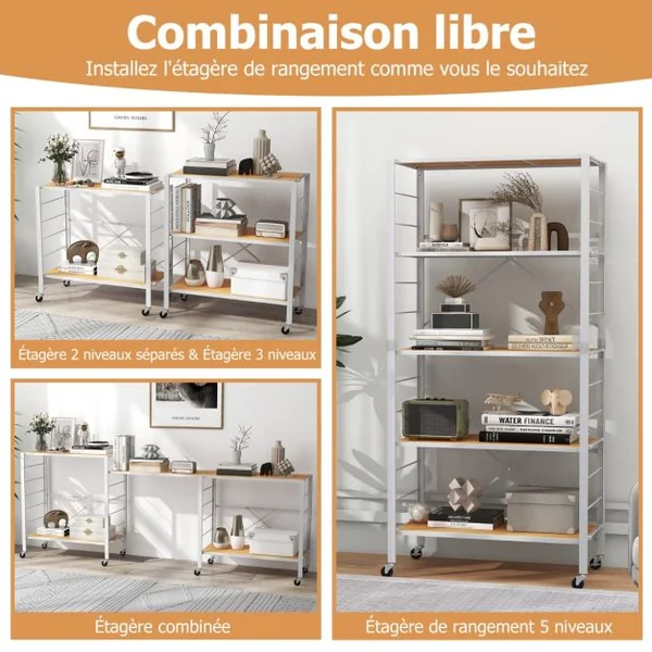 Étagère Pliable à 5 Niveaux Étagères en Métal Robuste Roulettes Amovibles Étagères Réglables en Hauteur Support de Rangement Roulant Naturel