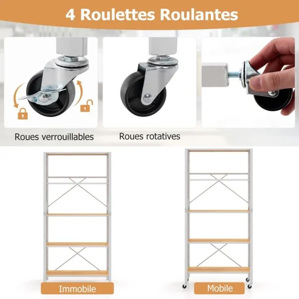 Étagère Pliable à 5 Niveaux Étagères en Métal Robuste Roulettes Amovibles Étagères Réglables en Hauteur Support de Rangement Roulant Naturel