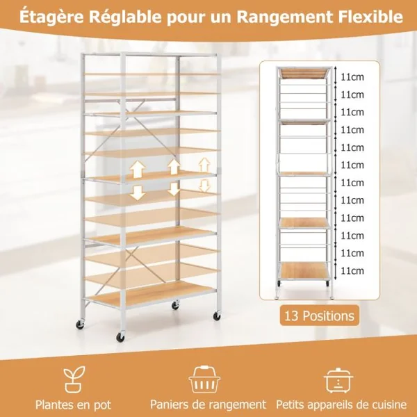 Étagère Pliable à 5 Niveaux Étagères en Métal Robuste Roulettes Amovibles Étagères Réglables en Hauteur Support de Rangement Roulant Naturel