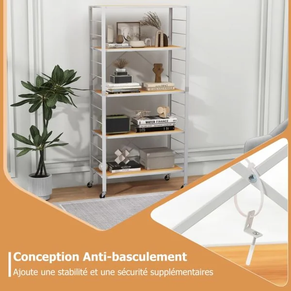 Étagère Pliable à 5 Niveaux Étagères en Métal Robuste Roulettes Amovibles Étagères Réglables en Hauteur Support de Rangement Roulant Naturel