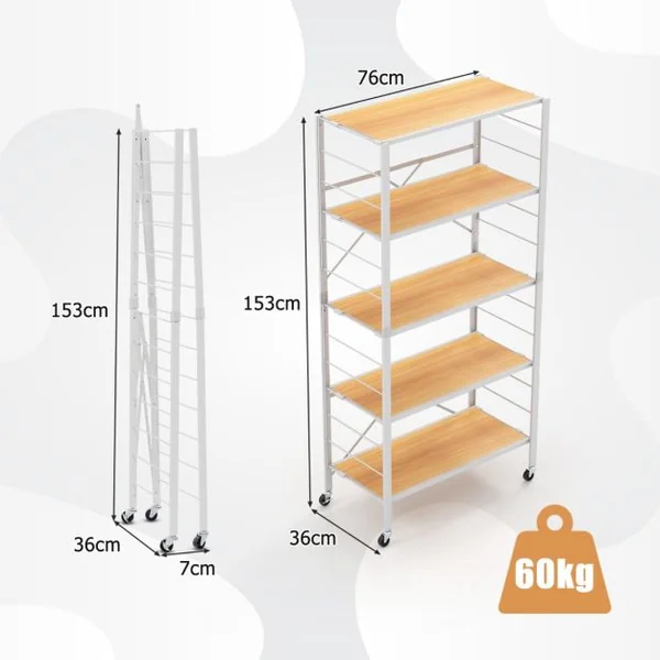 Étagère Pliable à 5 Niveaux Étagères en Métal Robuste Roulettes Amovibles Étagères Réglables en Hauteur Support de Rangement Roulant Naturel