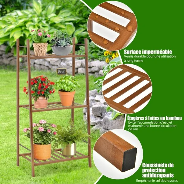 Étagère pour Plantes en Bambou à 3 Niveaux 49 x 31 x 98 CM Étagère de Rangement/Porte Plantes pour Jardin Salon Marron