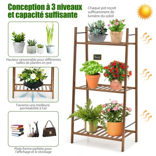 Étagère pour Plantes en Bambou à 3 Niveaux 49 x 31 x 98 CM Étagère de Rangement/Porte Plantes pour Jardin Salon Marron