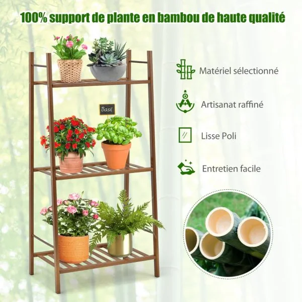 Étagère pour Plantes en Bambou à 3 Niveaux 49 x 31 x 98 CM Étagère de Rangement/Porte Plantes pour Jardin Salon Marron