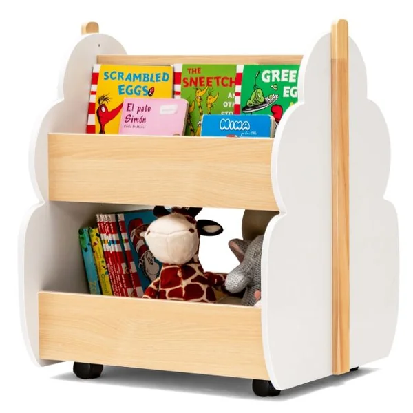 Étagère Rangement pour Enfants Bibliothèque en Bois 2 Niveaux avec Roues Universelles pour Livres Jouets Charge MAX. 49KG Vert/Blanc/Rose