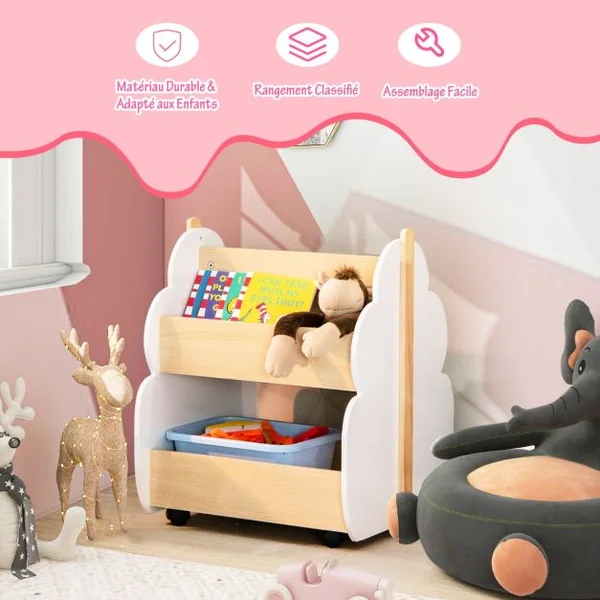 Étagère Rangement pour Enfants Bibliothèque en Bois 2 Niveaux avec Roues Universelles pour Livres Jouets Charge MAX. 49KG Vert/Blanc/Rose