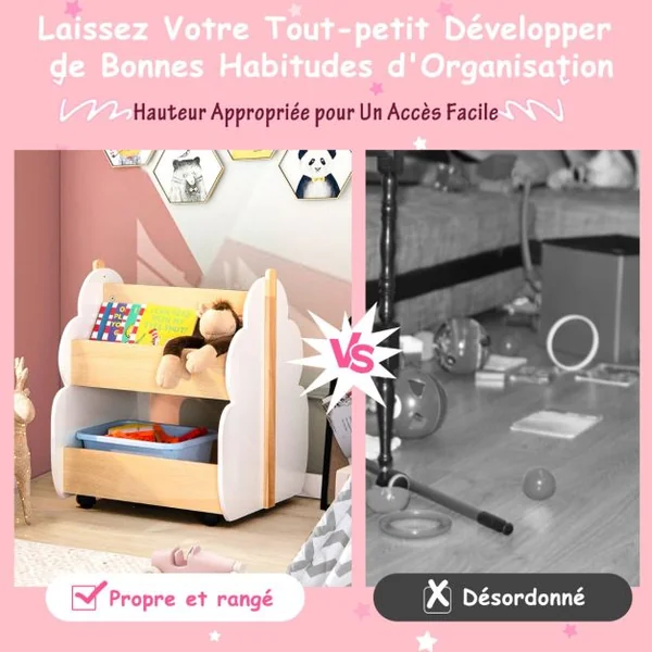Étagère Rangement pour Enfants Bibliothèque en Bois 2 Niveaux avec Roues Universelles pour Livres Jouets Charge MAX. 49KG Vert/Blanc/Rose