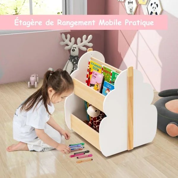 Étagère Rangement pour Enfants Bibliothèque en Bois 2 Niveaux avec Roues Universelles pour Livres Jouets Charge MAX. 49KG Vert/Blanc/Rose