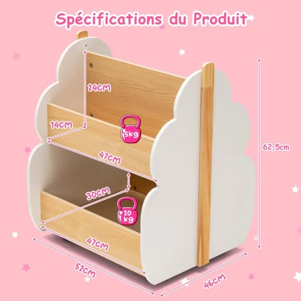 Étagère Rangement pour Enfants Bibliothèque en Bois 2 Niveaux avec Roues Universelles pour Livres Jouets Charge MAX. 49KG Vert/Blanc/Rose