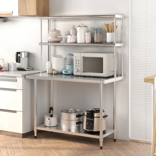 Étagère Supplémentaires pour Table de Travail Cuisine Acier Inoxydable Hauteur Réglable Étagère 2 Niveau 122CM de Long