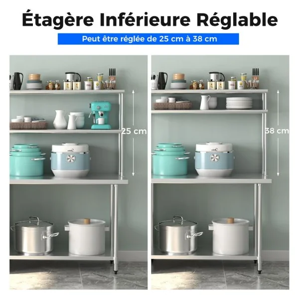 Étagère Supplémentaires pour Table de Travail Cuisine Acier Inoxydable Hauteur Réglable Étagère 2 Niveau 122CM de Long